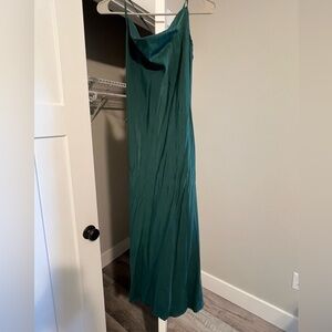 Silky emerald green cowl neck dress
